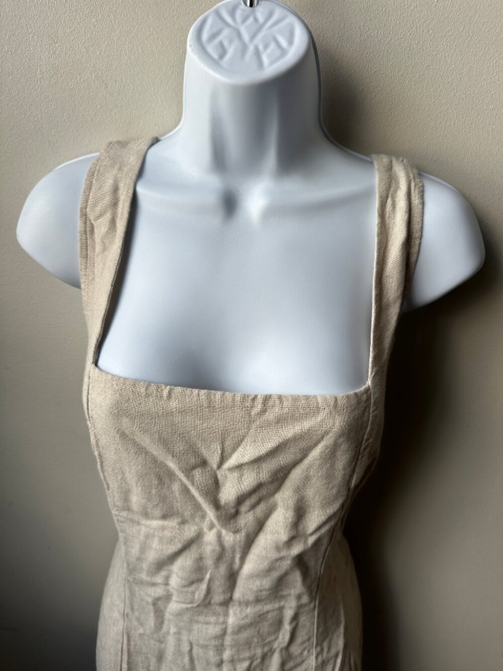 Old Navy Beige Linen Look Square Neck Smocked Mini Dress Womens L NWT